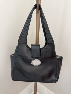 Zelda Black Vegan Leather Handbag Whipstitch Detail Silver Zelda Hangtag